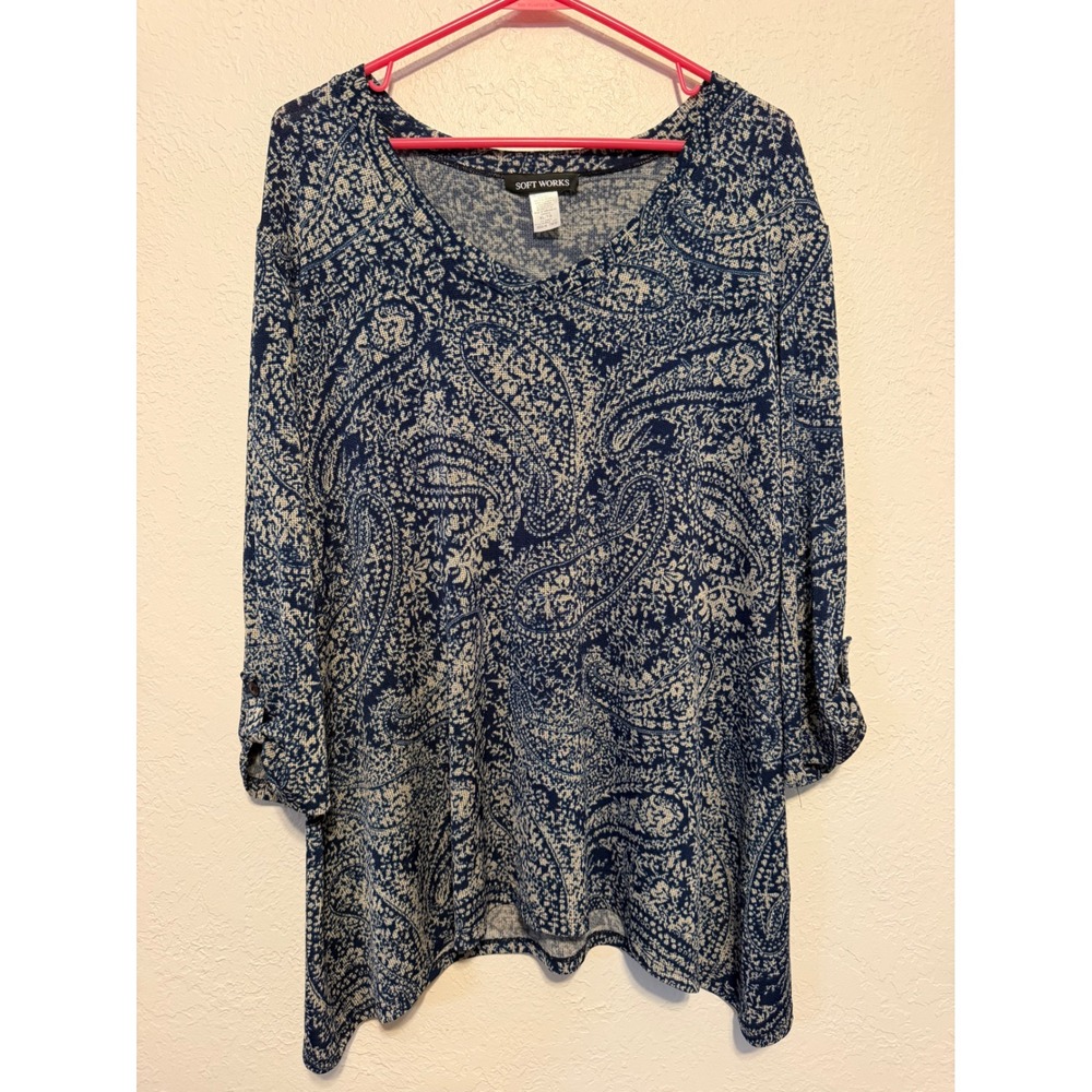 Soft Works Womens XL Navy Paisley V-Neck Roll Tab Sleeve Sharkbite Tunic Top